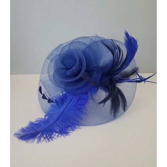 Blue Fascinator Floral Feather Mesh Headband Church Cocktail Wedding Derby Hat - Picture 10 of 10